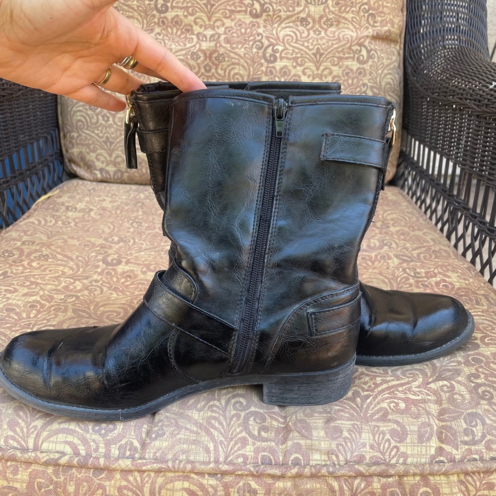 Women Boots Sz 9 Moto Combat Buckle Harness Biker Mid Calf Engineer Black Chunky - Picture 2 of 10